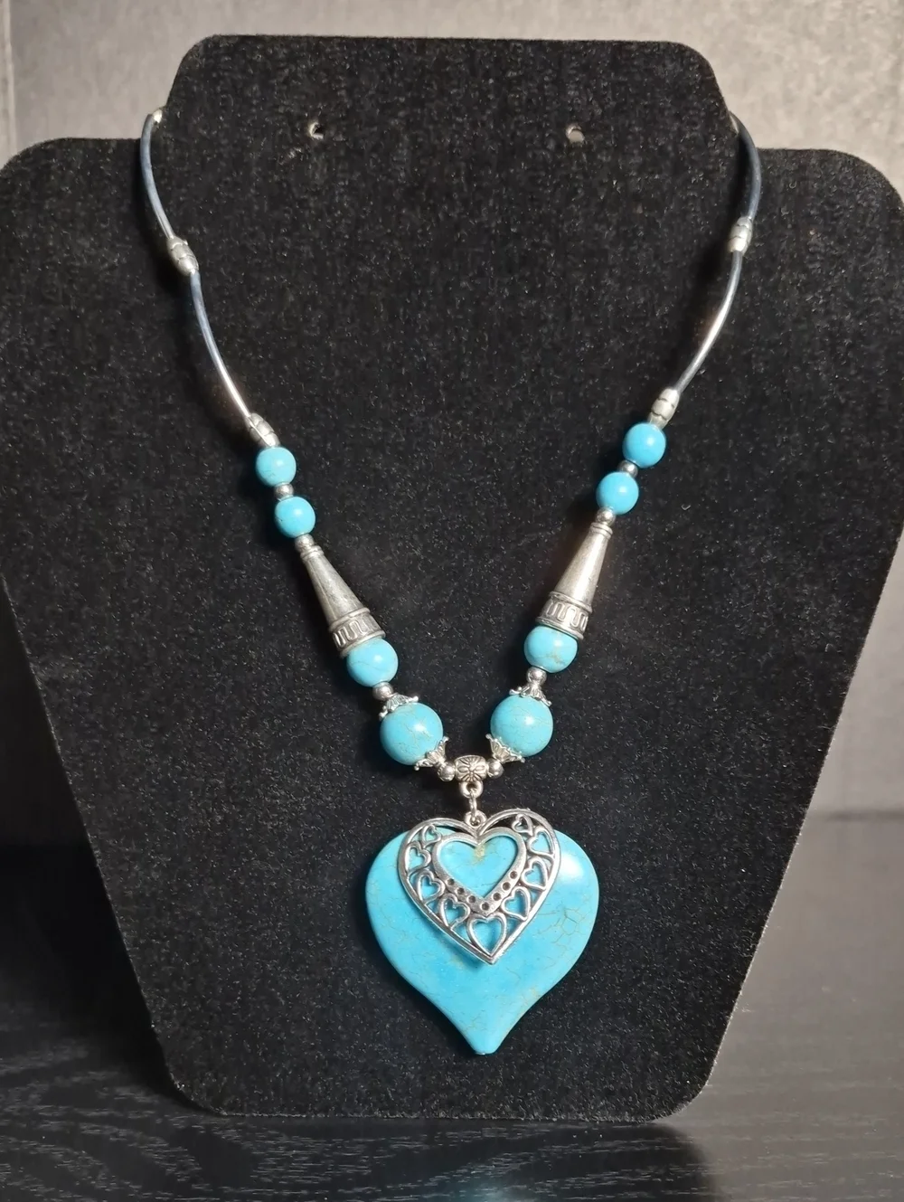Turquoise Heart Bead Necklace with Silver Filigree Accent